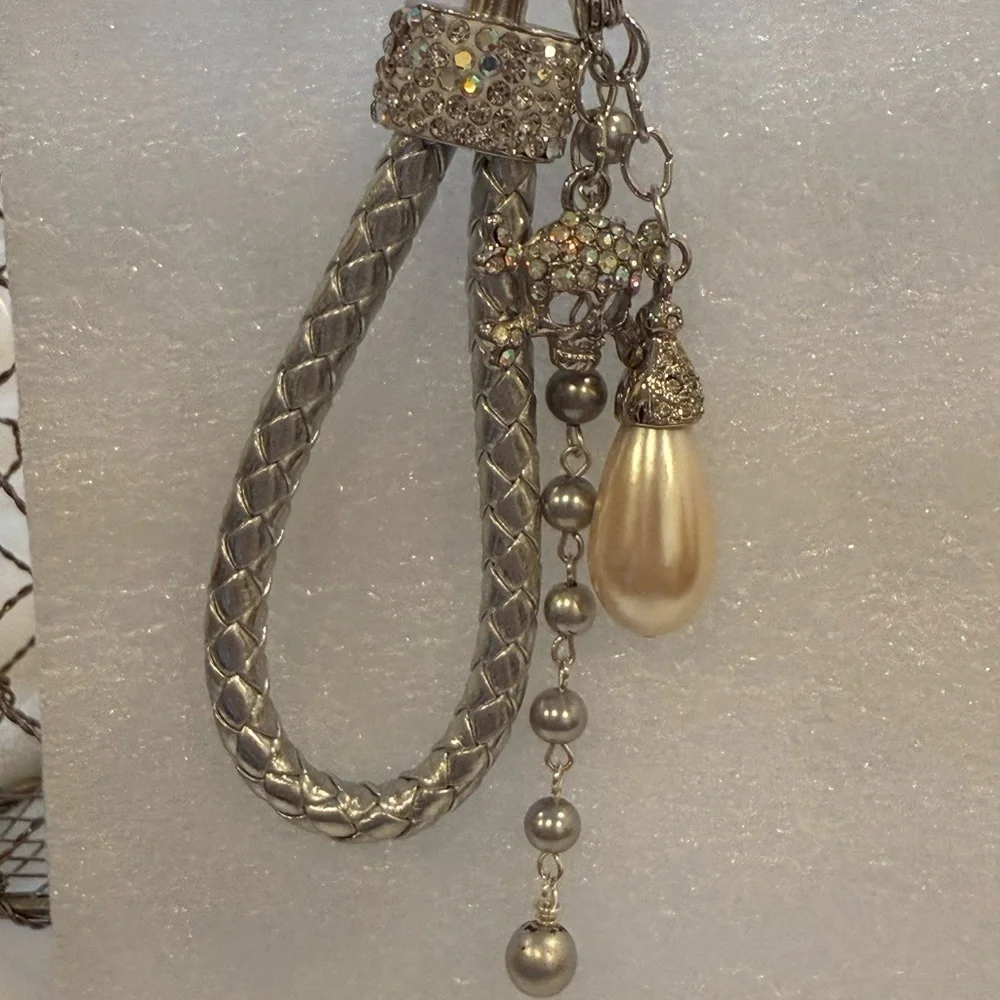 Silver Braided Skull & Pearl Keychain - Rhinestone Punk Glam Purse Charm - New